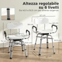 HOMCOM Sedia per Doccia Girevole ad Altezza Regolabile con Braccioli, Schienale, Capacità 150 kg, Bianco(m-3)