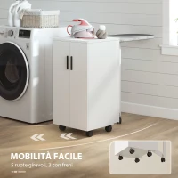 HOMCOM Mobile Stiro Pieghevole a Ruote con Mensola Regolabile e Chiusura Morbida, in Legno e Tessuto, 128x43x83 cm, Bianco(m-7)