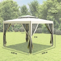 Outsunny Carpa de Jardín 3x3 m Cenador Gazebo con 4 Mosquiteras Laterales Techo Doble 8 Orificios de Drenaje Marco de Metal Crema(m-3)