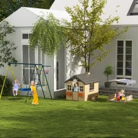 Outsunny speelhuis voor kinderen, houten kinderspeelhuis met raam, brievenbus, buitentuin speelhuis met bloempottenrek, houten speelhuis voor 3-7 jaar, dennenhout, naturel, 113 x 94 x 134,5 cm(m-8)