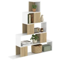 HOMCOM Aufbewahrungsregal, geometrisches 5-stufiges Bücherregal für Büro, Wohnzimmer, Schlafzimmer, Weiß und Naturholz(m-6)