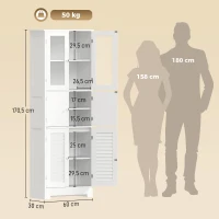 HOMCOM Mueble alto de baño, mueble de almacenamiento con 6 puertas incl. 2 acristaladas y 2 persianas, estante regulable, blanco(m-3)