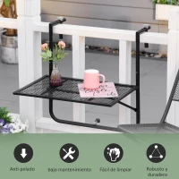 Outsunny Mesa Colgante para Balcón Plegable de Metal con Altura Ajustable en 4 Niveles Carga 10 kg 60x60x57-72 cm Negro(m-7)