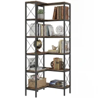 HOMCOM 5-Tier L-Shaped Bookshelf, Freestanding Corner Bookcase with Metal Frame, Rustic Brown(m-10)