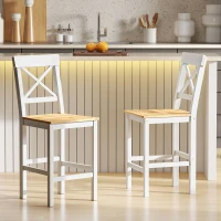 HOMCOM Taburetes Altos de Cocina de Madera Altura Asiento 60,2 cm con Respaldo y Reposapiés 41x46x97,5 cm Natural y Blanco(m-8)