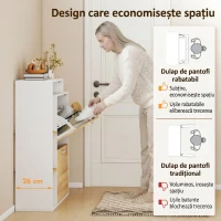 HOMCOM Dulap Slim pentru Pantofi cu 2 Sertare Rabatabile, Dulap Intrare cu Rafturi Reglabile, 3 Rafturi Deschise, Spațiu pentru 8 Perechi de Pantofi, Alb și Lemn Natural, 80x26x90 cm(m-4)