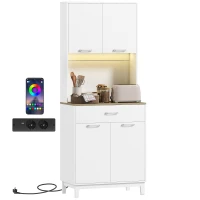 HOMCOM Credenza da Cucina con Luci LED, Stazione di Ricarica, 4 Ante, Cassetto e Piano Aperto, 71x40x180 cm, Bianco(m-6)