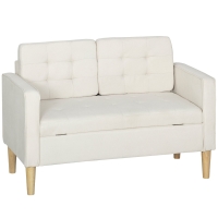 HOMCOM Zweisitzer-Sofa mit Stauraum, Knopfheftung, Kissen, Kautschukbaumholz, 117x62x78cm, Cremeweiß