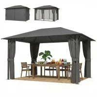 Outsunny Pavillon ca. 4x3m Wasserabweisend Stabil Winterfest Gartenpavillon mit Moskitonetz 4 Seitenteile Lüftung Drainagelöchern(m-10)