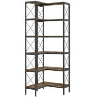 HOMCOM 5-Tier L-Shaped Bookshelf, Freestanding Corner Bookcase with Metal Frame, Rustic Brown(m-1)