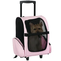 PawHut Sac de transport à roulettes pour chien 2 en 1 trolley chariot sac à dos pour chien chat avec poignée téléscopique, sacs de rangement, aérations, attache de sécurité, 42 x 25 x 55 cm, rose(m-11)