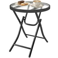 Outsunny Mesa de Vidrio Redonda Plegable Mesa de Jardín con Hebilla de Seguridad Borde Cubierto de Metal Patio Interior y Exterior Ø45x50 cm Negro(m-11)
