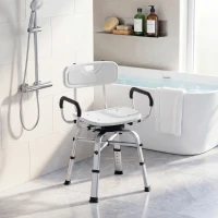 HOMCOM Sedia per Doccia Girevole ad Altezza Regolabile con Braccioli, Schienale, Capacità 150 kg, Bianco(m-9)