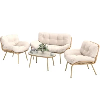 Outsunny Gartenmöbel Set 4-teilig Polyrattan Lounge-Set mit Zweisitzer 2 Sessel Tisch Tiefem Sitz Dicke Kissen(m-10)