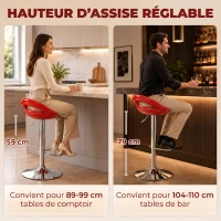 HOMCOM Lot de 2 tabourets de bar chaises de bar hauteur réglable dossier et repose-pieds pivotant à 360° 46x41x76-96cm rouge(m-4)