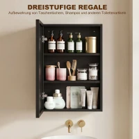 kleankin Spiegelschrank, Badschrank, 3 Regalfächer, Edelstahl, 40x12x60cm, Schwarz(m-4)
