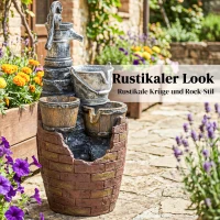 Outsunny Springbrunnen 4-stufig rustikal Gartenbrunnen mit LED Beleuchtung Pflanzkübel Pumpe, Verstellbar 34 x 31 x 76 cm(m-4)
