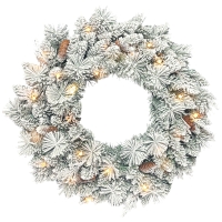 HOMCOM Tannenkranz Weihnachtskranz mit LED-Lichterkette, Tannenzapfen, Türkranz Grün+Weiß, Ø60 x 8 cm