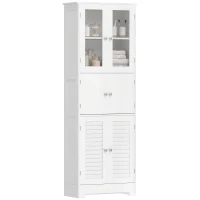 HOMCOM Móvel de casa de banho alto, móvel de arrumação com 6 portas incluindo 2 vidradas e 2 persianas, prateleira regulável, branco(m-8)