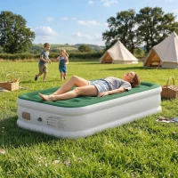 Outsunny Inflatable Mattress, Single Air Bed with Built-in Electric Pump, 3 Mins Inflation, Flocked Surface, Dark Green(m-2)