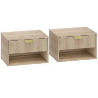 HOMCOM Set of 2 Wall Mounted Nightstands, Floating Bedside Tables with Fluted Drawer and Open Shelf for Small Bedroom, Oak(m-1)