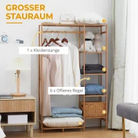 HOMCOM Cuier din Bambus cu Rafturi pe 6 Niveluri și Bară pentru Umerașe, 90x30x145 cm, Lemn Natural(m-4)