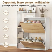HOMCOM Dulap Slim pentru Pantofi cu 2 Sertare Rabatabile, Dulap Intrare cu Rafturi Reglabile, 3 Rafturi Deschise, Spațiu pentru 8 Perechi de Pantofi, Alb și Lemn Natural, 80x26x90 cm(m-5)