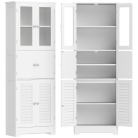 HOMCOM Mueble alto de baño, mueble de almacenamiento con 6 puertas incl. 2 acristaladas y 2 persianas, estante regulable, blanco
