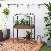 Outsunny Furcă de grădină înălțată cu mini seră pentru plante, roți și raft, 80x40x120cm, maro(m-9)