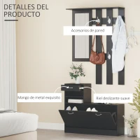 HOMCOM Conjunto de Recibidor de Entrada con Espejo Perchero y Zapatero Muebles de Recibidor de 2 Piezas con 6 Ganchos Negro(m-5)