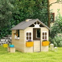 Outsunny speelhuis voor kinderen, houten kinderspeelhuis met raam, brievenbus, buitentuin speelhuis met bloempottenrek, houten speelhuis voor 3-7 jaar, dennenhout, naturel, 113 x 94 x 134,5 cm(m-9)