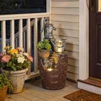 Outsunny Springbrunnen 4-stufig rustikal Gartenbrunnen mit LED Beleuchtung Pflanzkübel Pumpe, Verstellbar 34 x 31 x 76 cm(m-9)