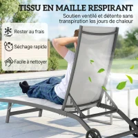 Outsunny Lot de 2 bains de soleil en aluminium et textilène avec roulettes dossier inclinable charge max. 150 Kg crème(m-7)