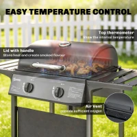 Outsunny Gas Burner Barbecue Grill, 2 Burner Gas Grill with Side Tables, Warming Rack, Shelf, Thermometer, Grease Tray, Black(m-6)