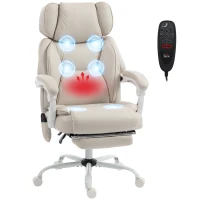 HOMCOM Silla de Escritorio Reclinable con Masaje Vibratorio de 6 Puntos Calor Lumbar Reposacabezas Ajustable Reposapiés Crema(m-10)