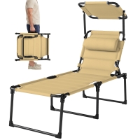 Outsunny Bain de soleil chaise longue pliante avec pare-soleil, appuie-tête inclinable en tissu Oxford 70 x 200 x 45 cm crème
