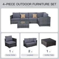 Outsunny 4 Pieces Rattan Garden Furniture Set, Wicker Outdoor Furniture Set with Corner Sofa Loveseat Coffee Table Cushions, Conservatory Furniture Set for Patio Balcony Poolside, Grey(m-15)