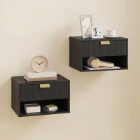 HOMCOM Set of 2 Wall Mounted Nightstands, Floating Bedside Tables with Fluted Drawer and Open Shelf for Small Bedroom, Black(m-2)