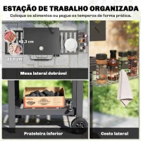 Outsunny Barbecue a Carvão com Bandeja Ajustável, Prateleiras Dobráveis, Rodas, Termómetro, Tampa, Chaminé, Ventilação e Cesto(m-7)