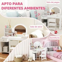 AIYAPLAY Tocador de Maquillaje Niña Tocador Infantil con Taburete y Espejo con Luces LED 1 Cajón Armario y 5 Estantes Blanco(m-8)