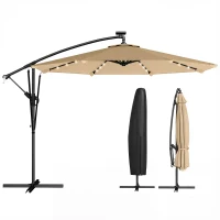 Outsunny Parasol Excéntrico con Luces LED Solares 330x295 cm Sombrilla Jardín con Base Cruzada Manivela Funda Protectora Caqui(m-14)