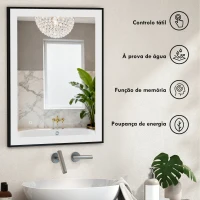 HOMCOM Espelho Casa de Banho com Luz LED 80x60 cm Iluminação Ajustável Função Anti-Embaciamento Função Memória Preto(m-8)