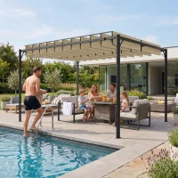 Outsunny Pérgola de Jardín 3x4 m con Protección UPF 50+ Gazebo con Techo Ajustable Estructura de Metal para Exterior Crema(m-8)