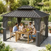 Outsunny Gazebo 3 x 3,6 m à Toit Rigide avec Toit Double en Acier Galvanisé, Structure en Aluminium, Gris Foncé(m-9)