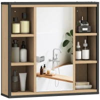 HOMCOM Badezimmer-Spiegelschrank, 6 offene Fächer, 3-stufiges Regal, Wandmontage, Eiche(m-11)