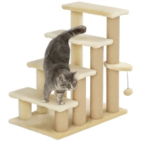 PawHut 4-step Pet Stairs with Scratching Posts, Platforms, Toy Ball, Beige(m-10)