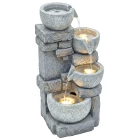 Outsunny Fuente de Jardín con Iluminación LED Bomba Fuente Decorativa en Cascada de 4 Niveles Flujo Ajustable Gris(m-10)