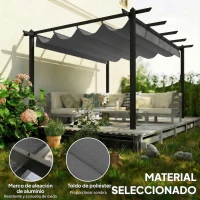Outsunny Pérgola de Jardín 4x3 m con Techo Retráctil Estructura de Aluminio UPF30+ Orificios de Drenaje Pabellón Exterior Gris(m-4)
