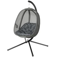 Outsunny Hanging Egg Chair, Folding Texteline Swing Hammock with Side Pocket, Cushion and Stand for Indoor Outdoor, Patio Garden Furniture, Grey(m-23)