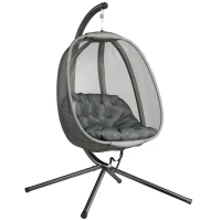 Outsunny Hanging Egg Chair, Folding Texteline Swing Hammock with Side Pocket, Cushion and Stand for Indoor Outdoor, Patio Garden Furniture, Grey(m-22)